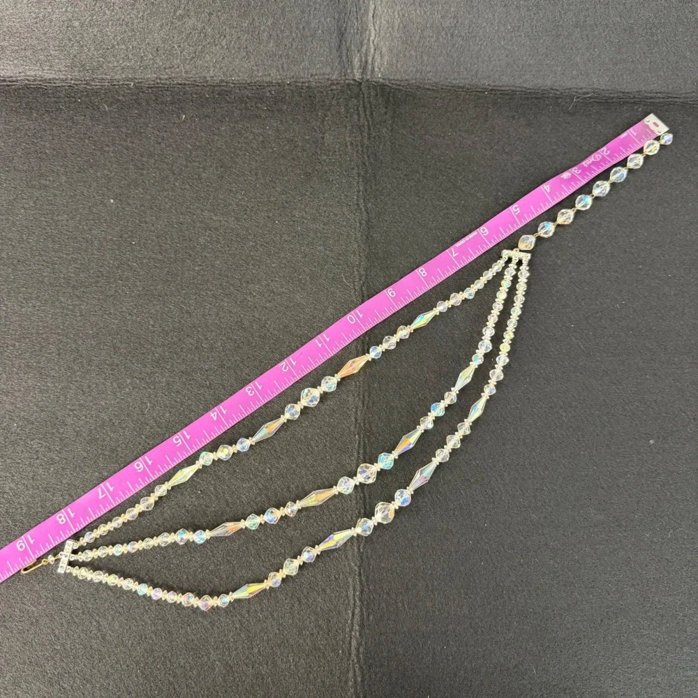 Vintage Aurora Borealis Clear Glass Bead Necklace Silver Tone Rhinestone Accents